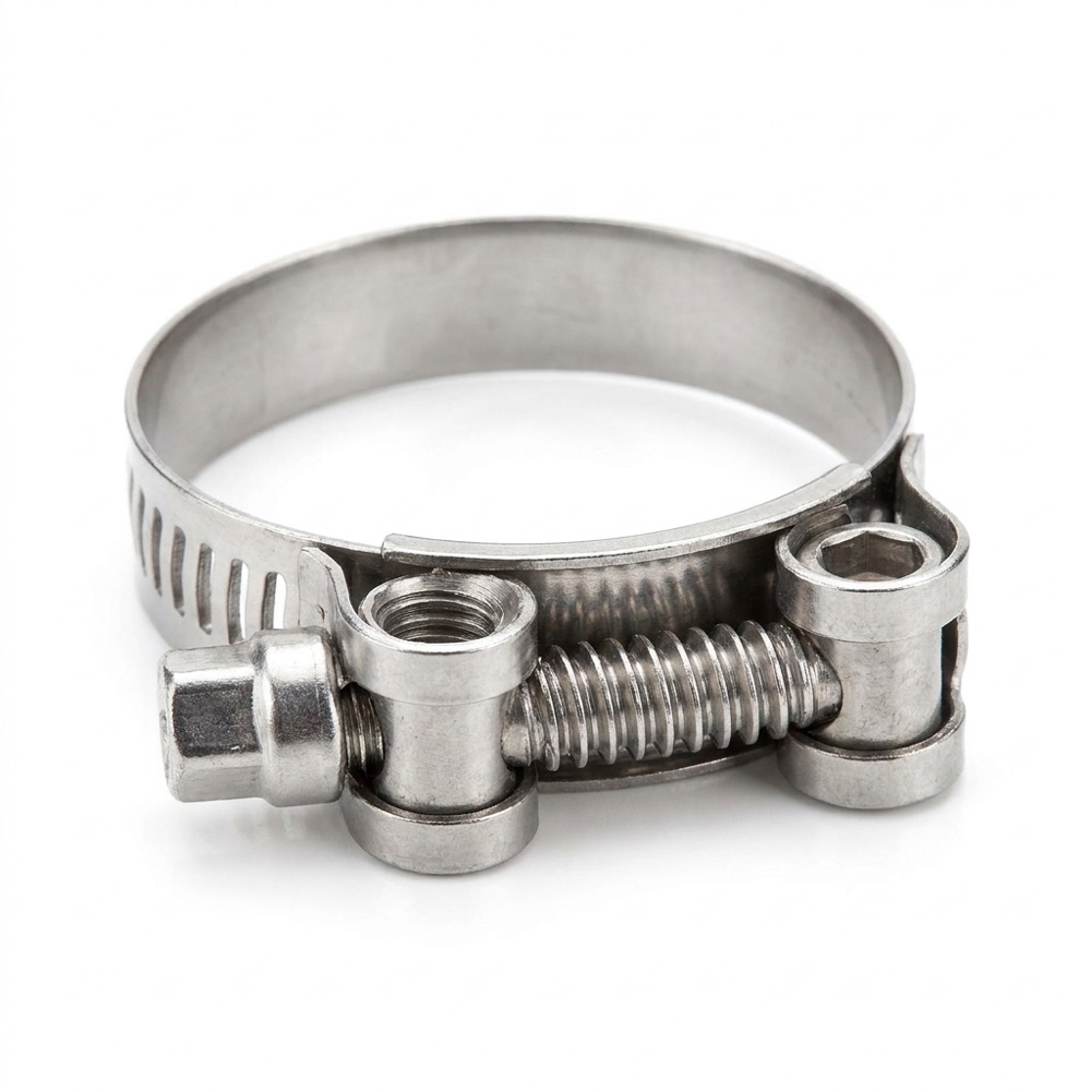 Stainless steel hose clamp close up